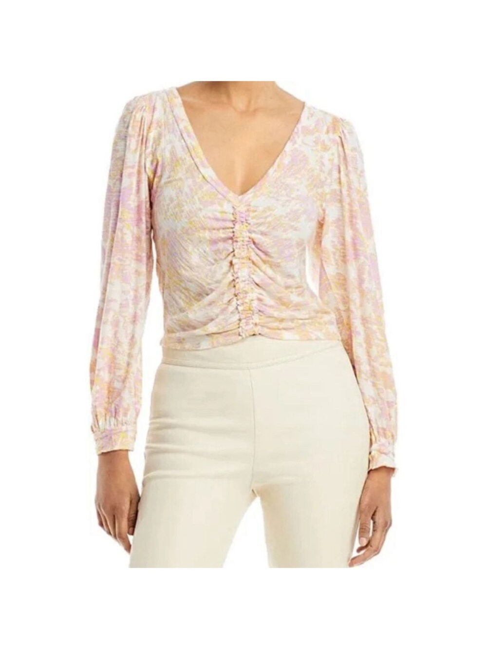 Free People Pastel Floral Ruched V-Neck Blouse